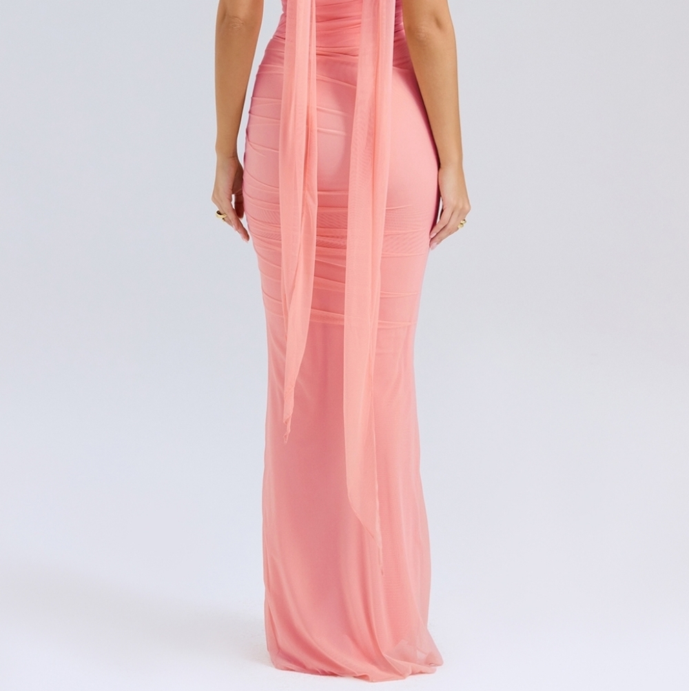 NWT House‎ of CB Cassidy peach fluted hem ruched maxi skirt S - Picture 3 of 9